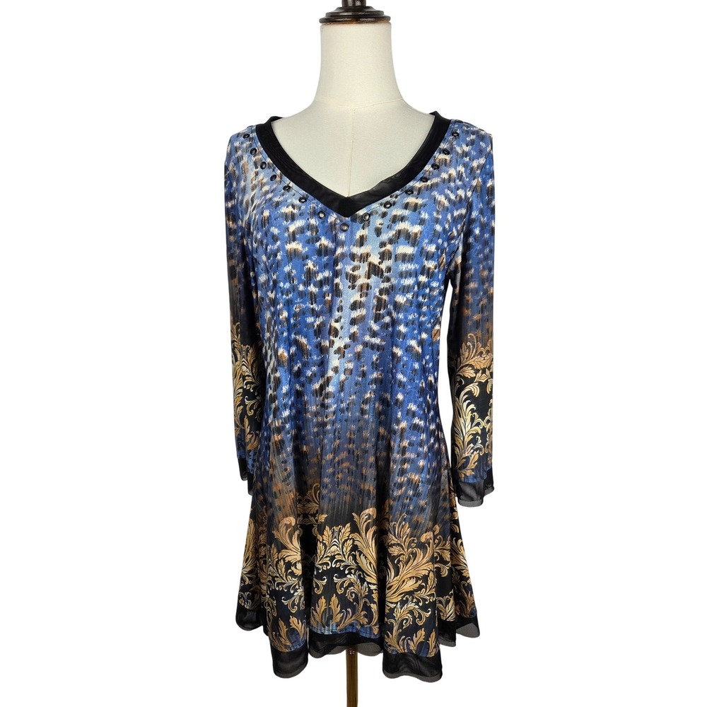 From the Heart Tunic Top L Blue Leopard Gold Filigree Grommets Mob Wife Y2K EUC